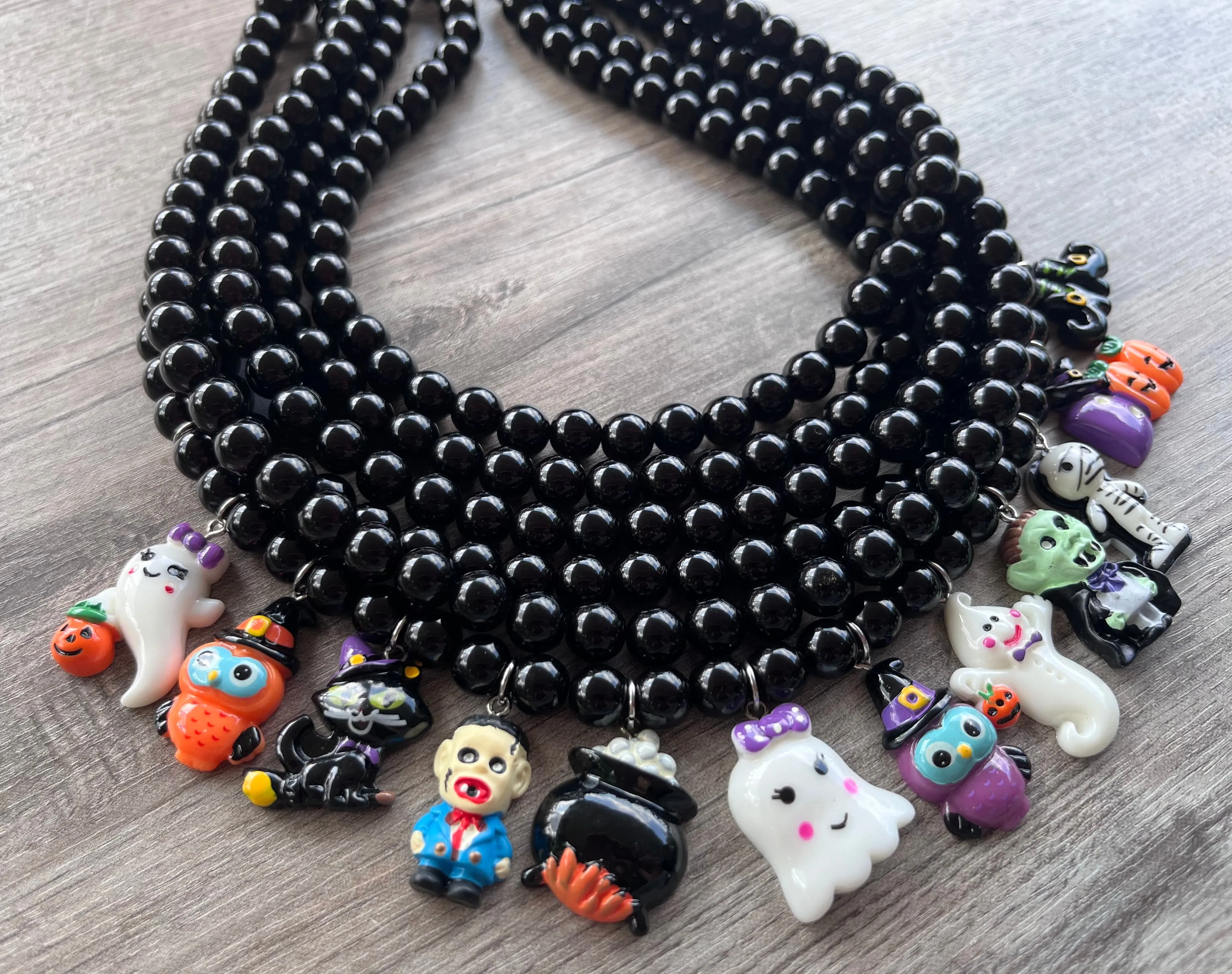 Black Ghost Vampire Halloween Charm Acrylic Multi Strand Chunky Unique Statement Necklace