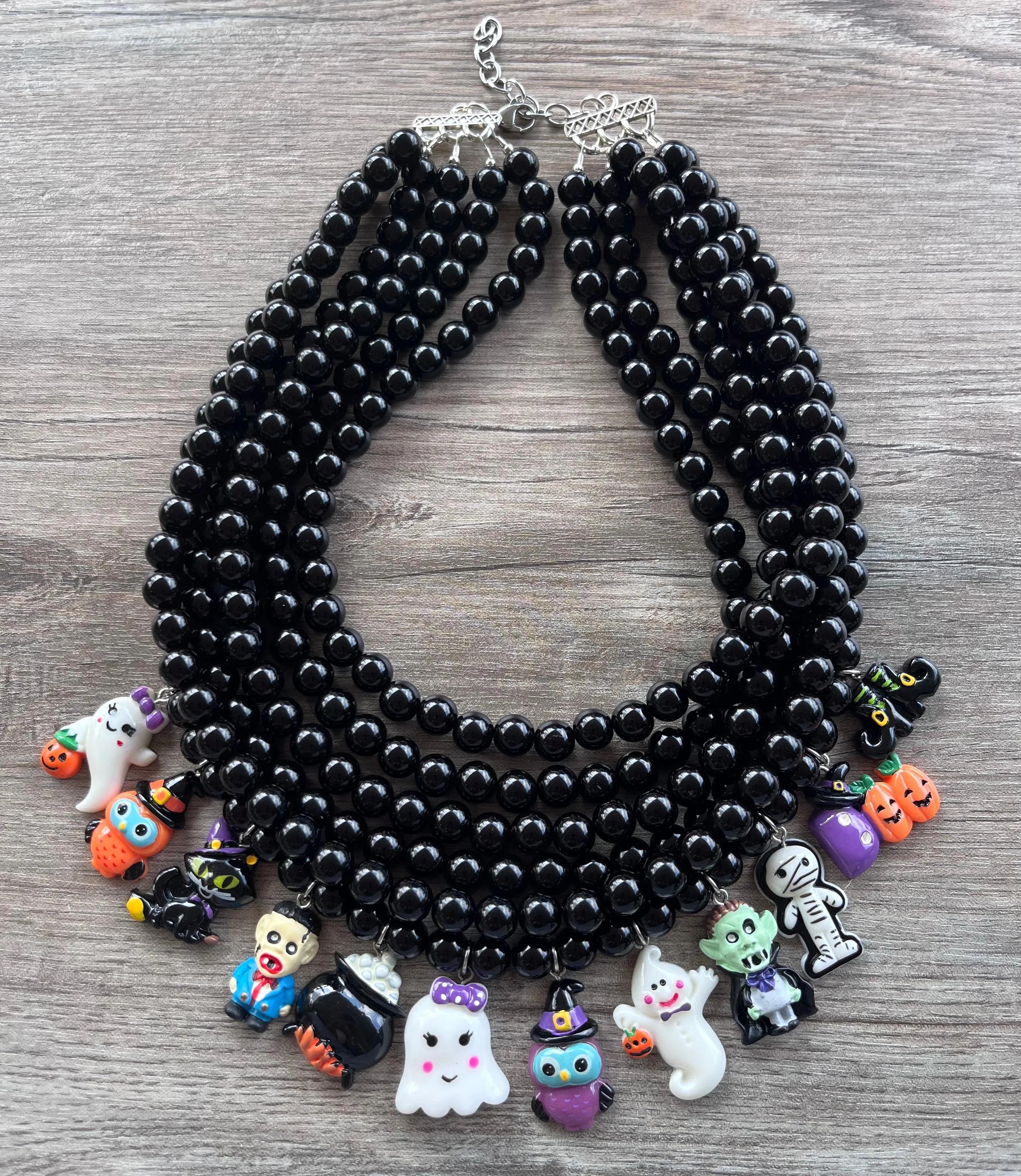 Black Ghost Vampire Halloween Charm Acrylic Multi Strand Chunky Unique Statement Necklace