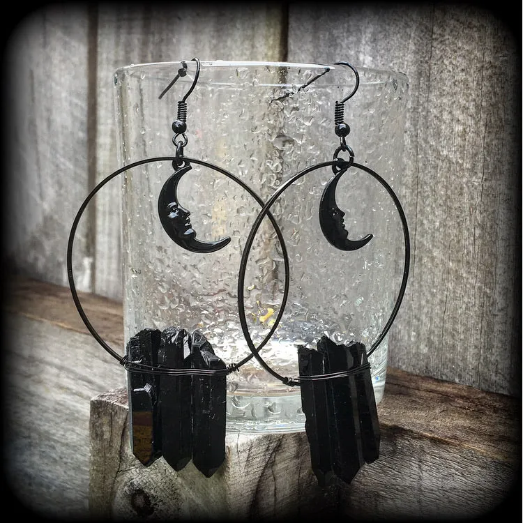 Black quartz and crescent moon hoop earrings