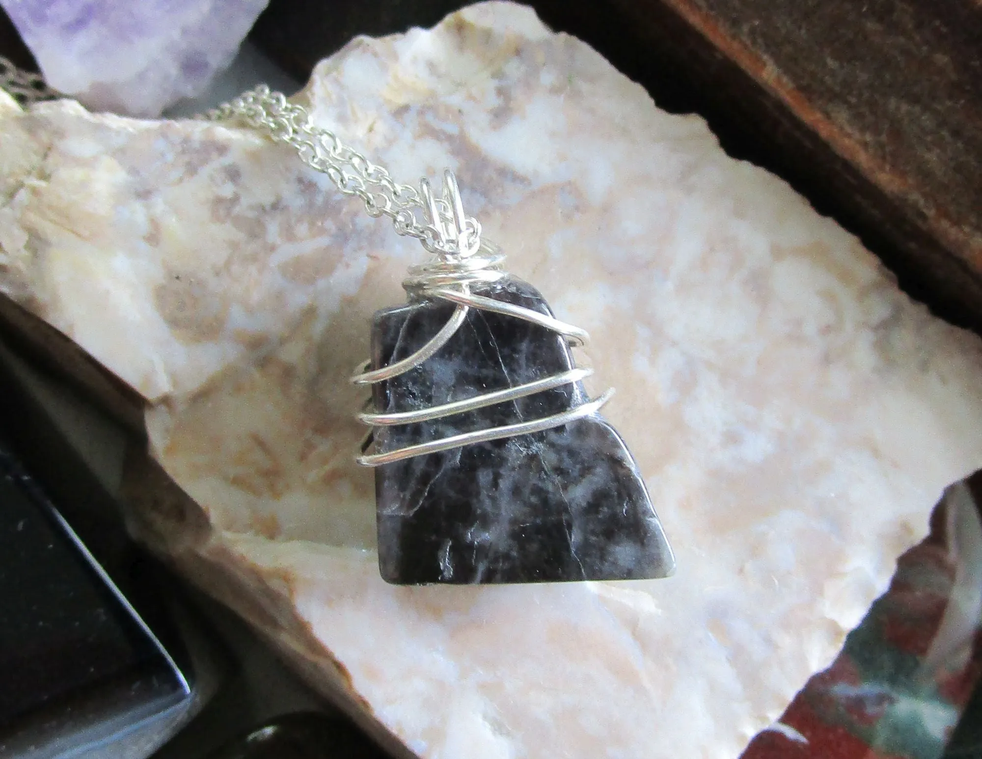 Black Star Moonstone Natural Crystal Wire Wrapped Pendant Necklace