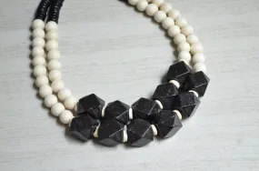 Black White Wood Bead Multi Strand Chunky Statement Necklace - Riley