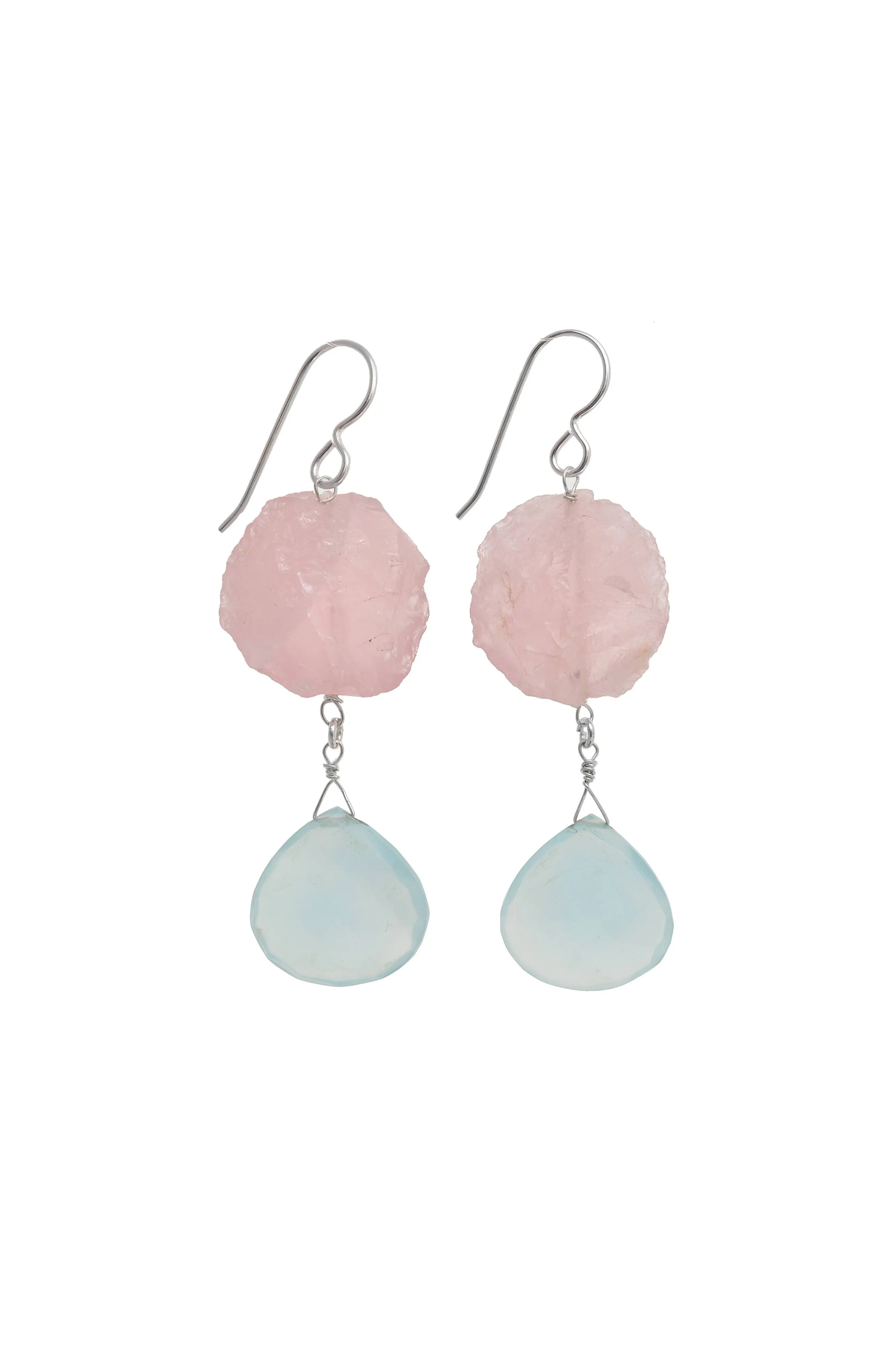 Blue Chalcedony, Rose Quartz Gemstone Large Earrings