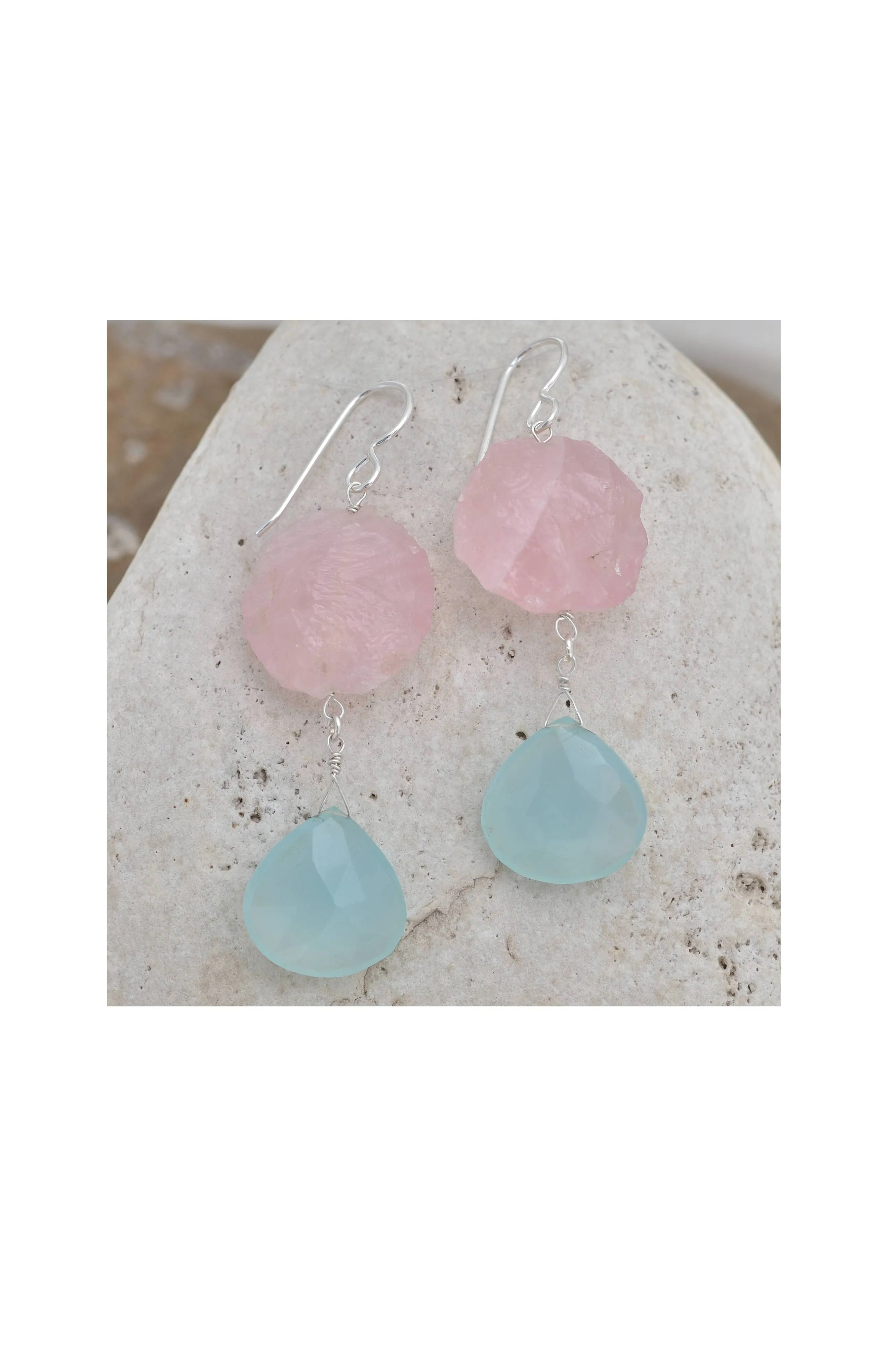 Blue Chalcedony, Rose Quartz Gemstone Large Earrings