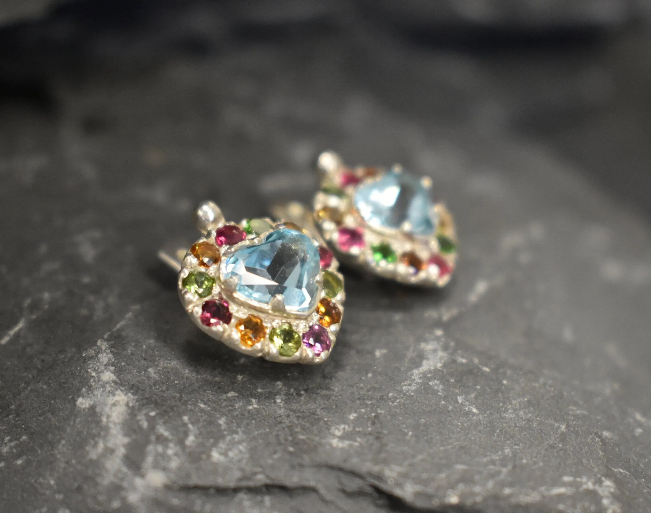 Blue Heart Earrings - Natural Blue Topaz - Colorful Heart Earrings