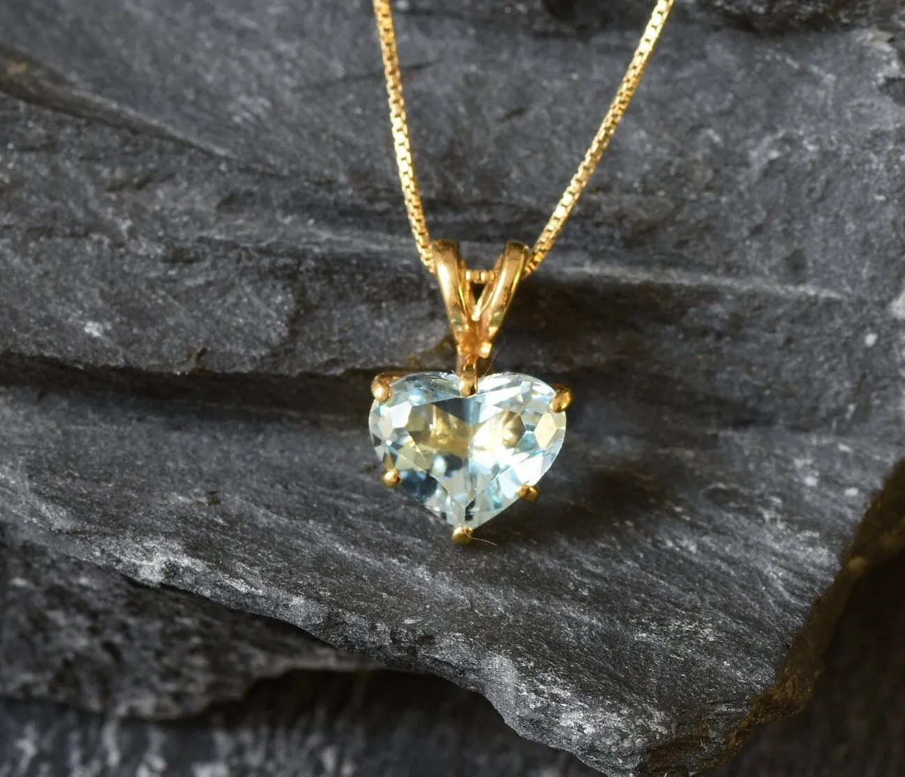 Blue Heart Pendant - Natural Blue Topaz Necklace, Gold Heart Pendant