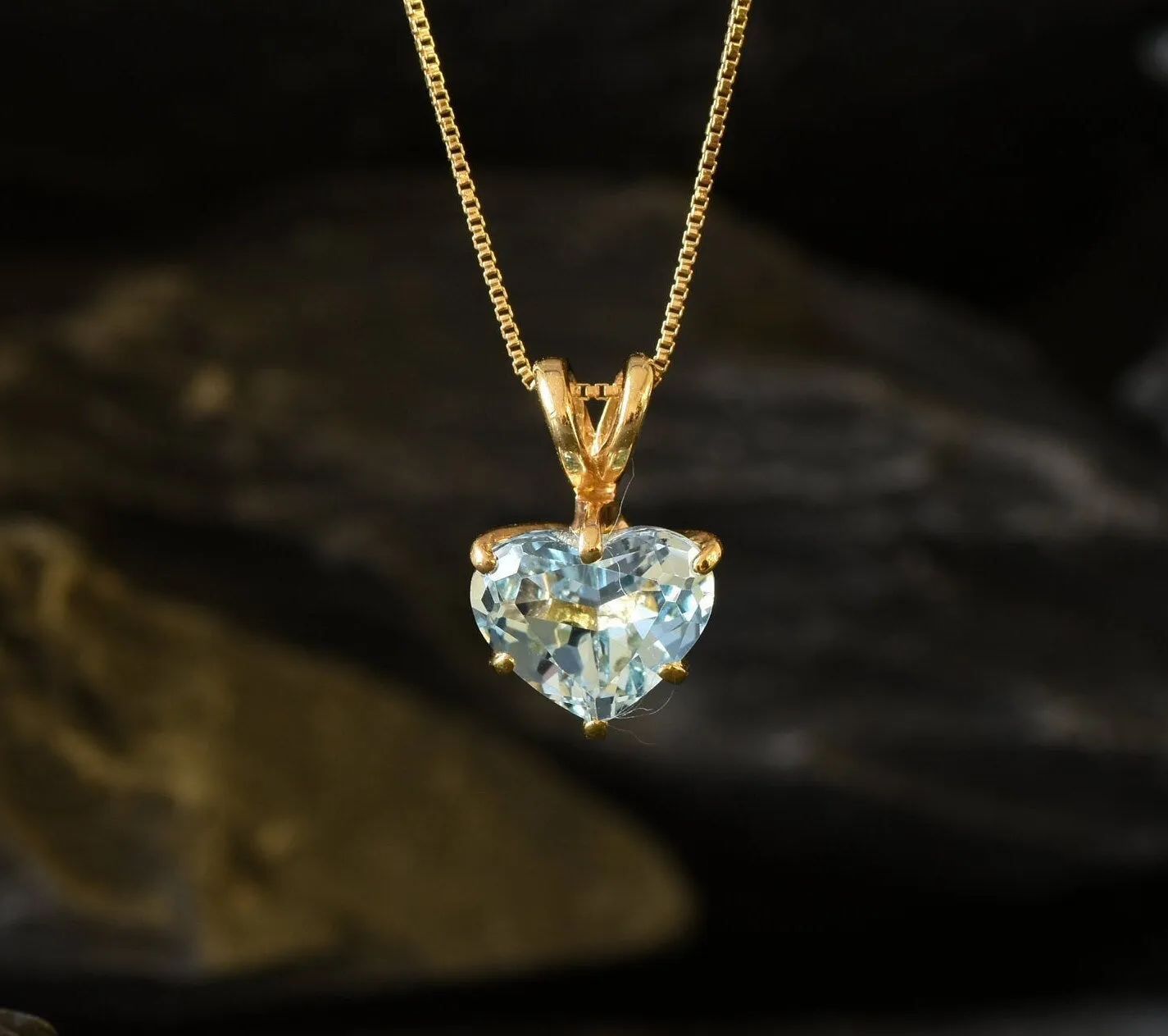 Blue Heart Pendant - Natural Blue Topaz Necklace, Gold Heart Pendant