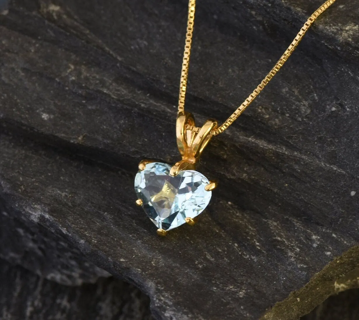 Blue Heart Pendant - Natural Blue Topaz Necklace, Gold Heart Pendant