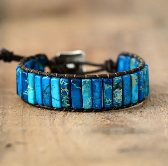 Blue Jasper Tube Stone Leather Cuff Bracelet