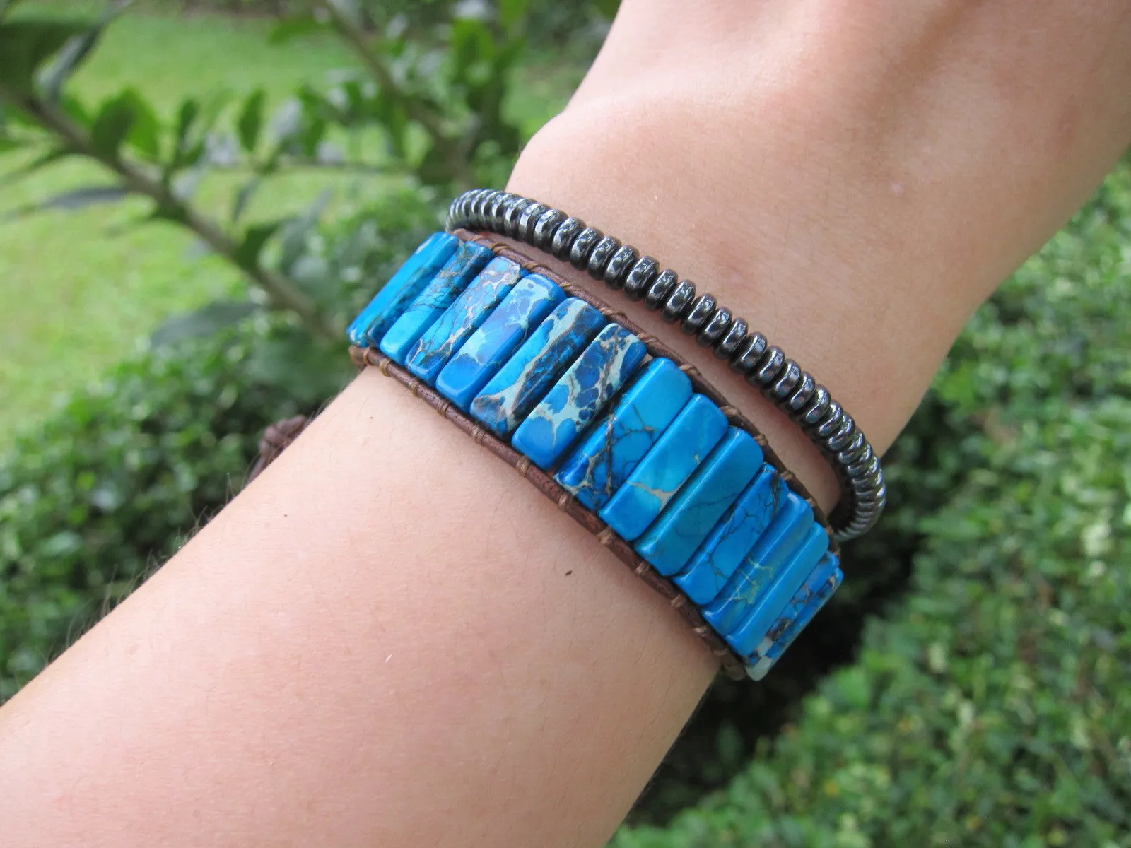 Blue Jasper Tube Stone Leather Cuff Bracelet