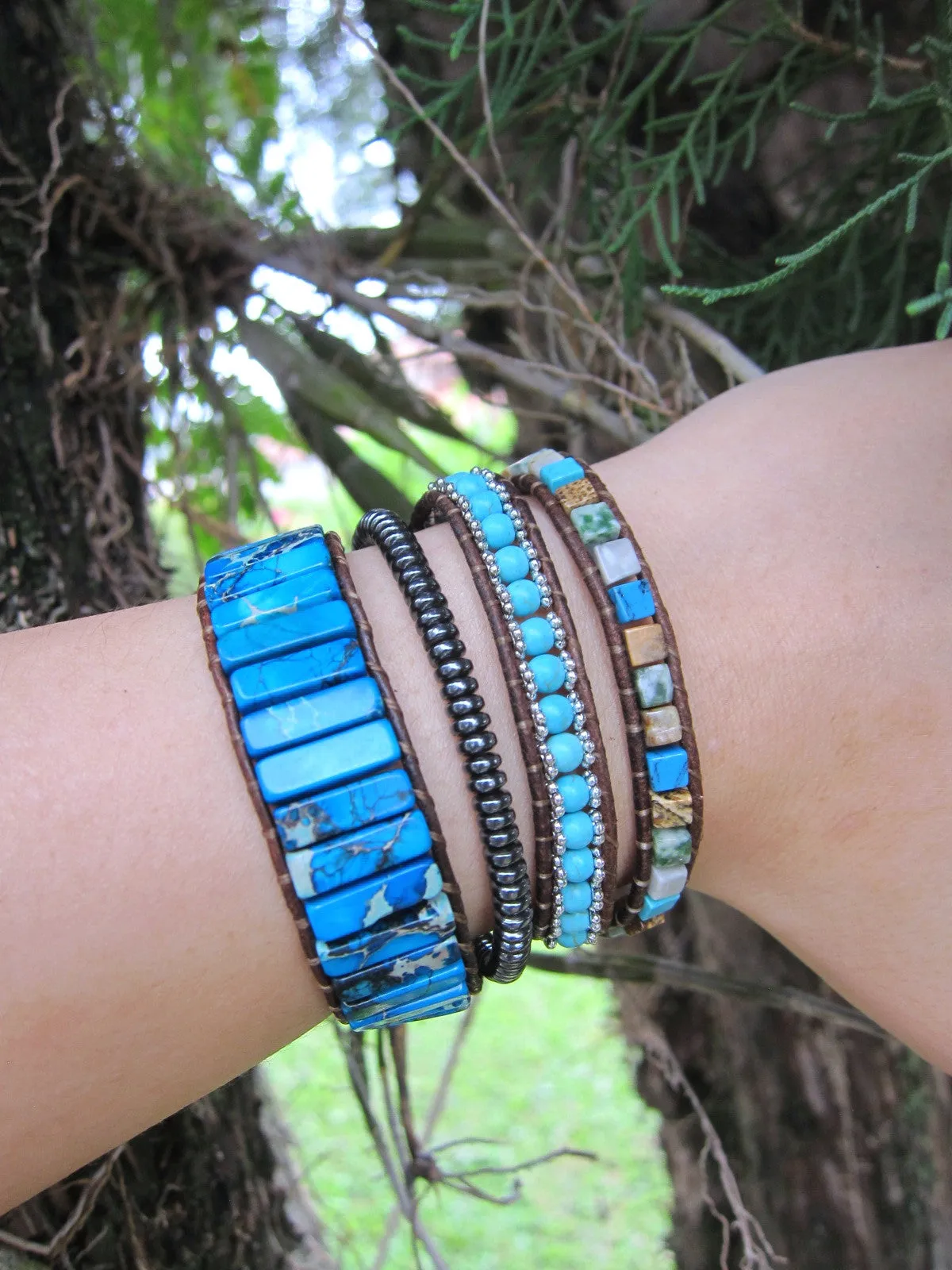 Blue Jasper Tube Stone Leather Cuff Bracelet