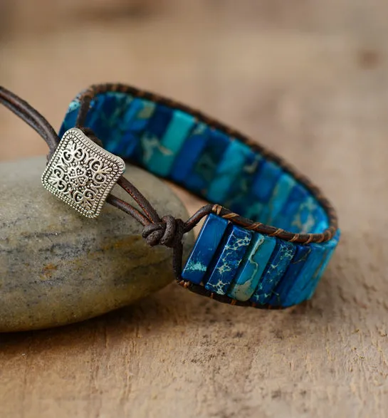 Blue Jasper Tube Stone Leather Cuff Bracelet