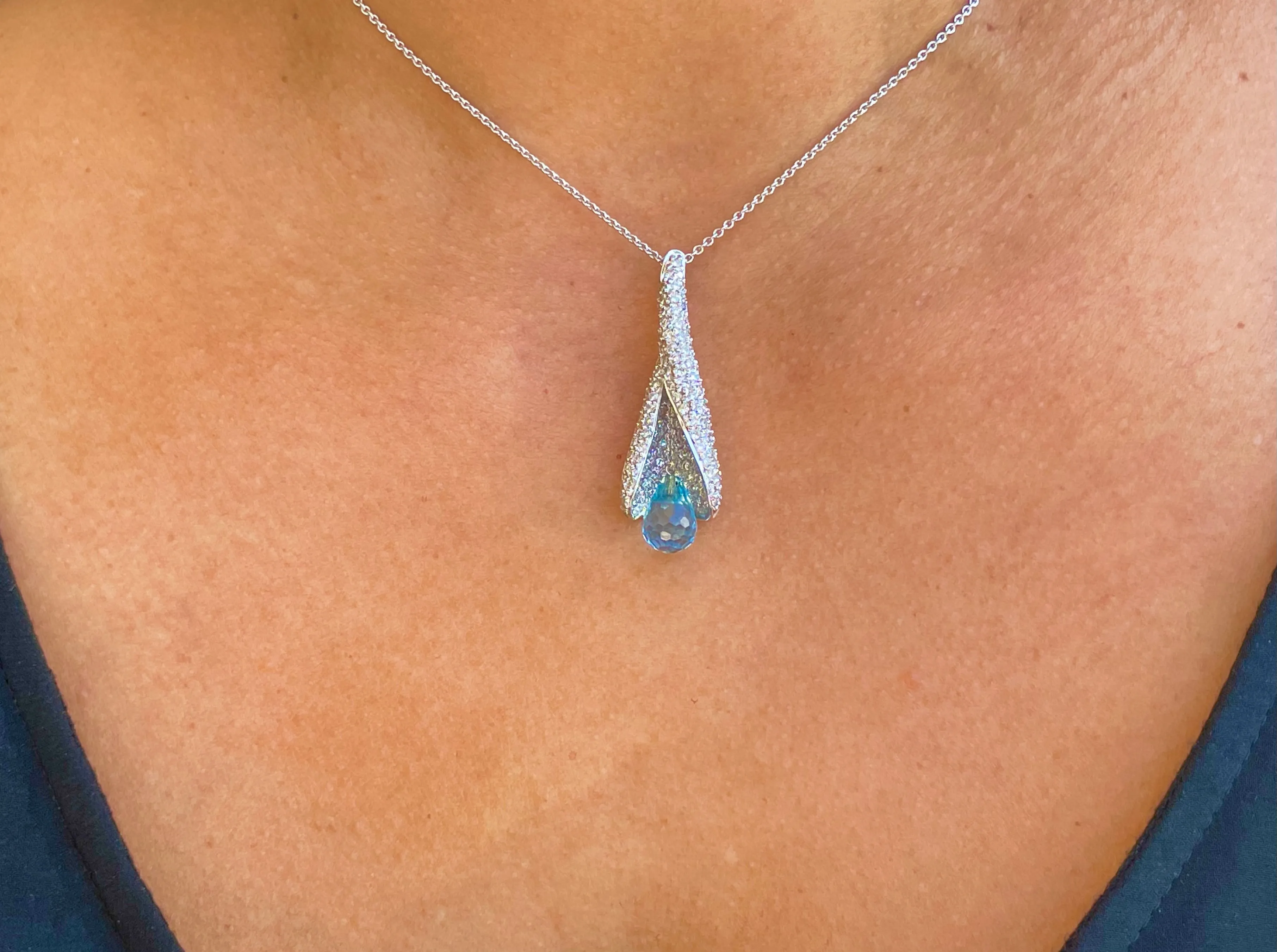 Blue Topaz Briolette Cut Diamond Pendant Necklace