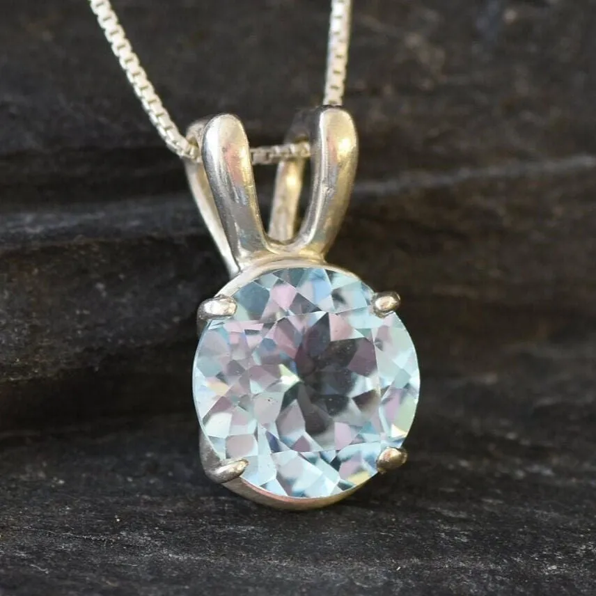 Blue Topaz Pendant - Sky Blue Necklace - Classic Round Necklace