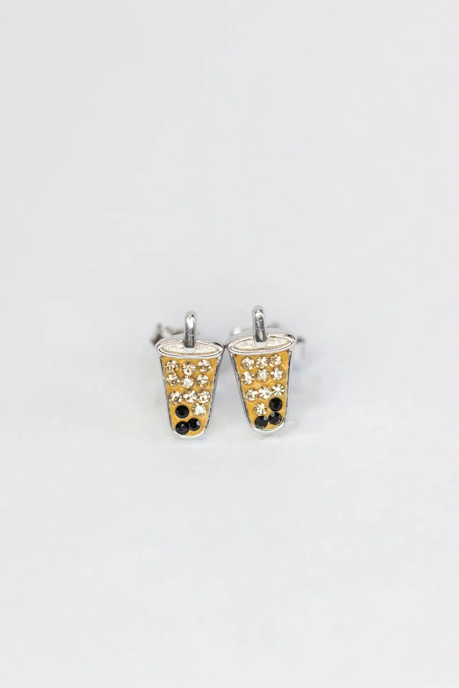 Boba Tea Crystal Silver Stud Earrings