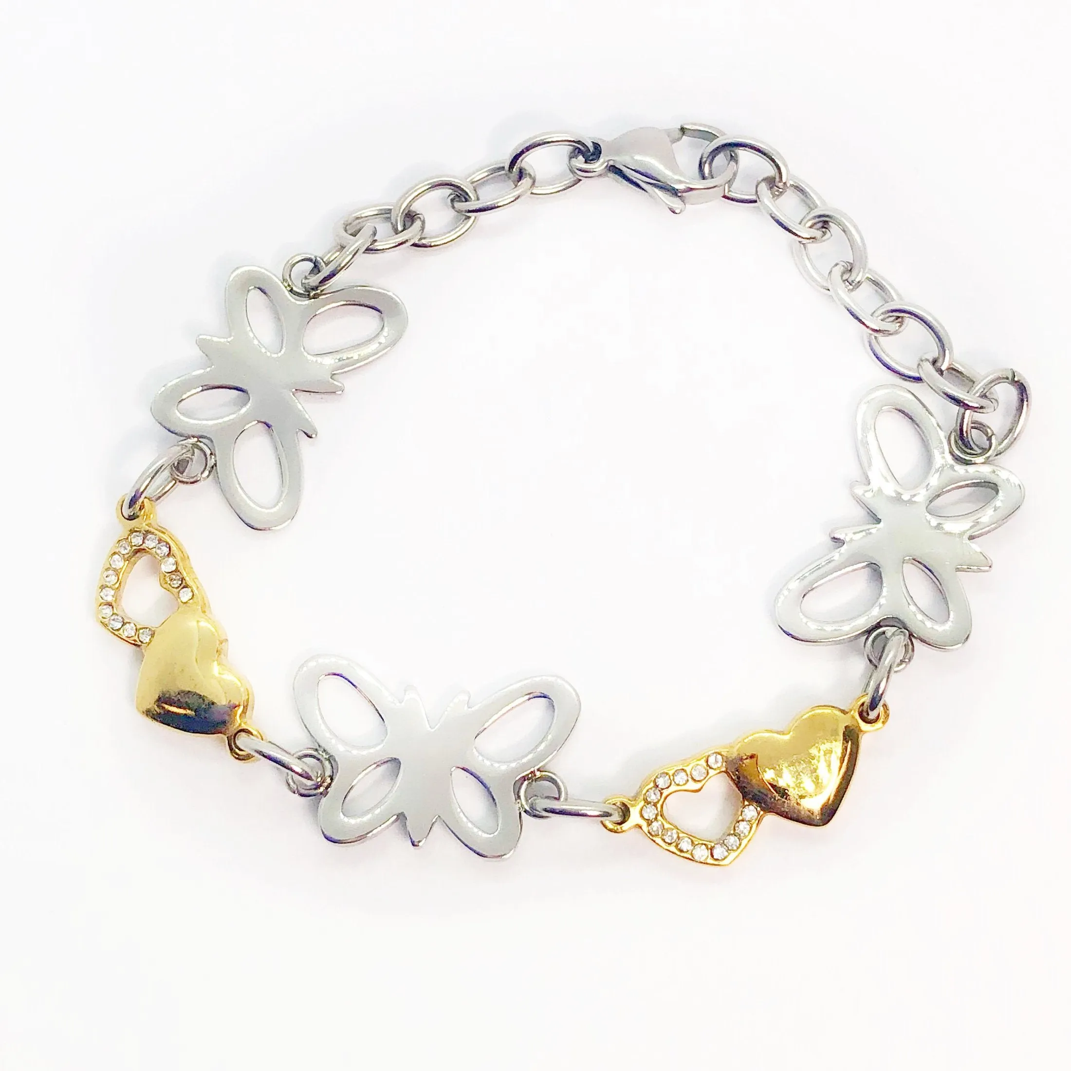 Butterfly Hearts Two Tone Stainless Steel Bracelet