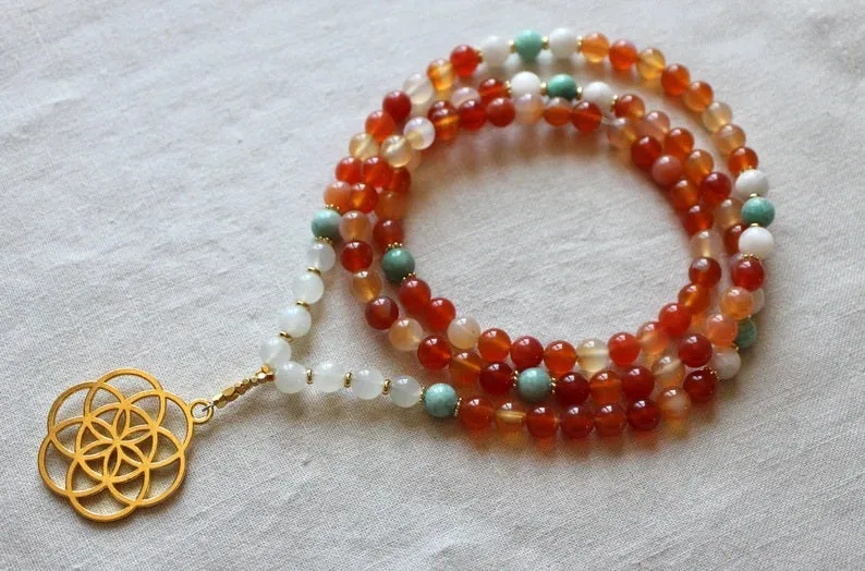 Carnelian, Peruvian Turquoise, Moonstone Mala Necklace - Vitality and Prosperity