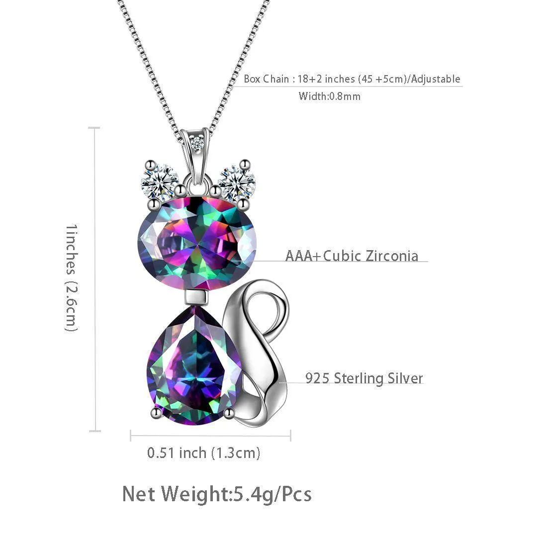 Cat Rainbow Mystic Topaz Necklace Women Girls Jewelry Birthday Gift Sterling Silver