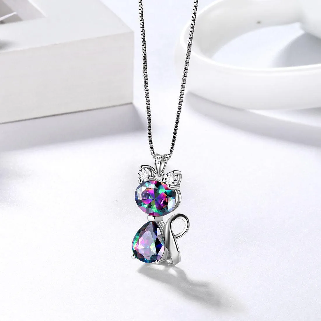 Cat Rainbow Mystic Topaz Necklace Women Girls Jewelry Birthday Gift Sterling Silver