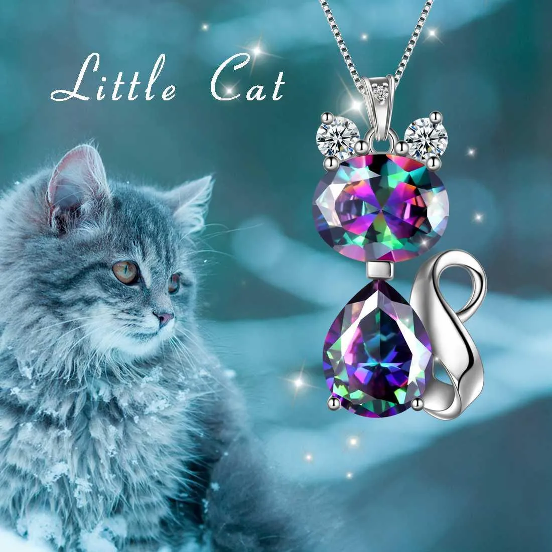 Cat Rainbow Mystic Topaz Necklace Women Girls Jewelry Birthday Gift Sterling Silver