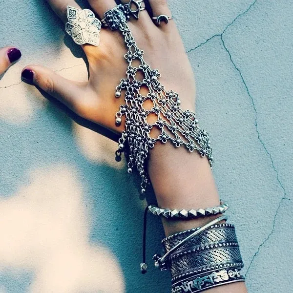 Chain Mail Bracelet Silver Net Slave Bracelet With Ring Bohemian Festival Gypsy Jewelry India Bells Turkish Chainmail