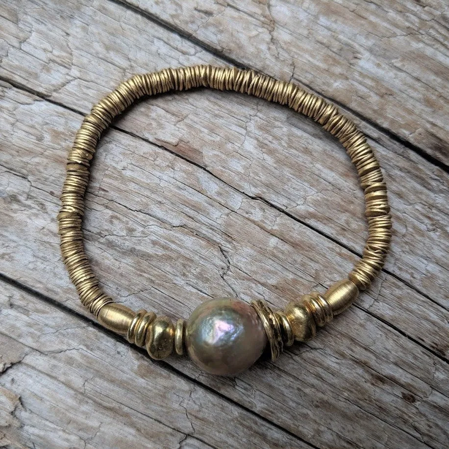 Champagne Pink Pearl & African Brass Elastic Bracelet