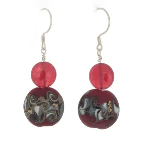 Cherry Quartz and Dark Multi-patterned Blown-Glass beads on French Hook Earrings