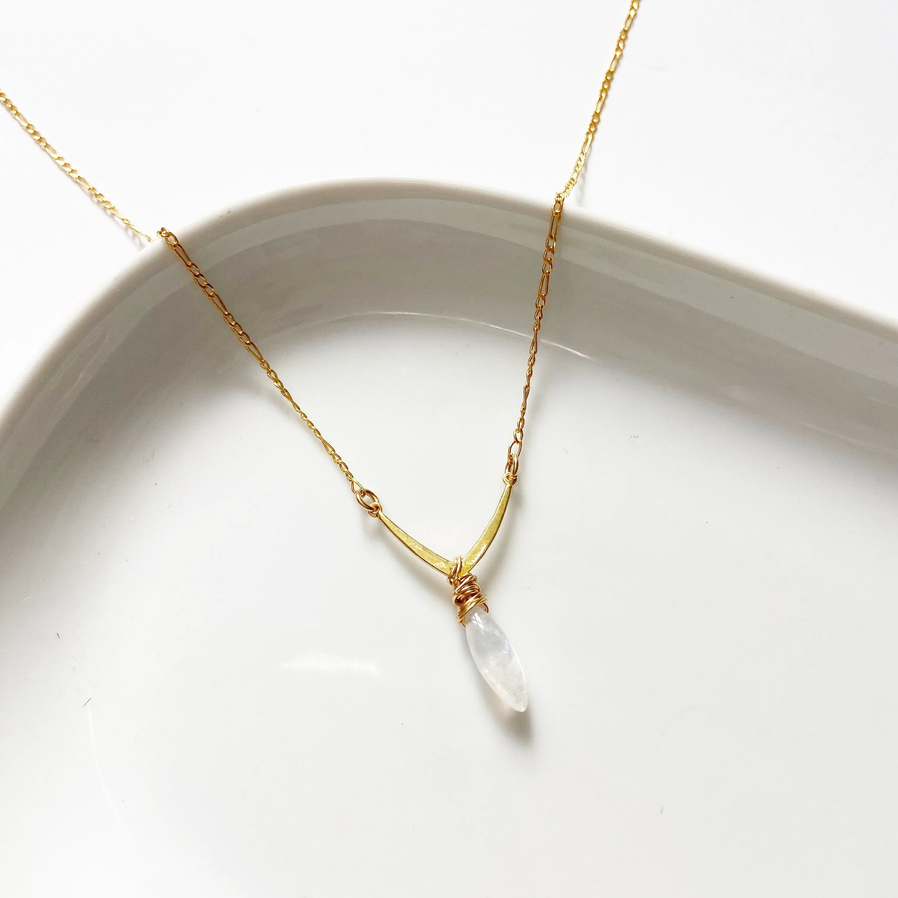 Chevron Moonstone Mid Length Necklace in Gold or Silver (20 inches)