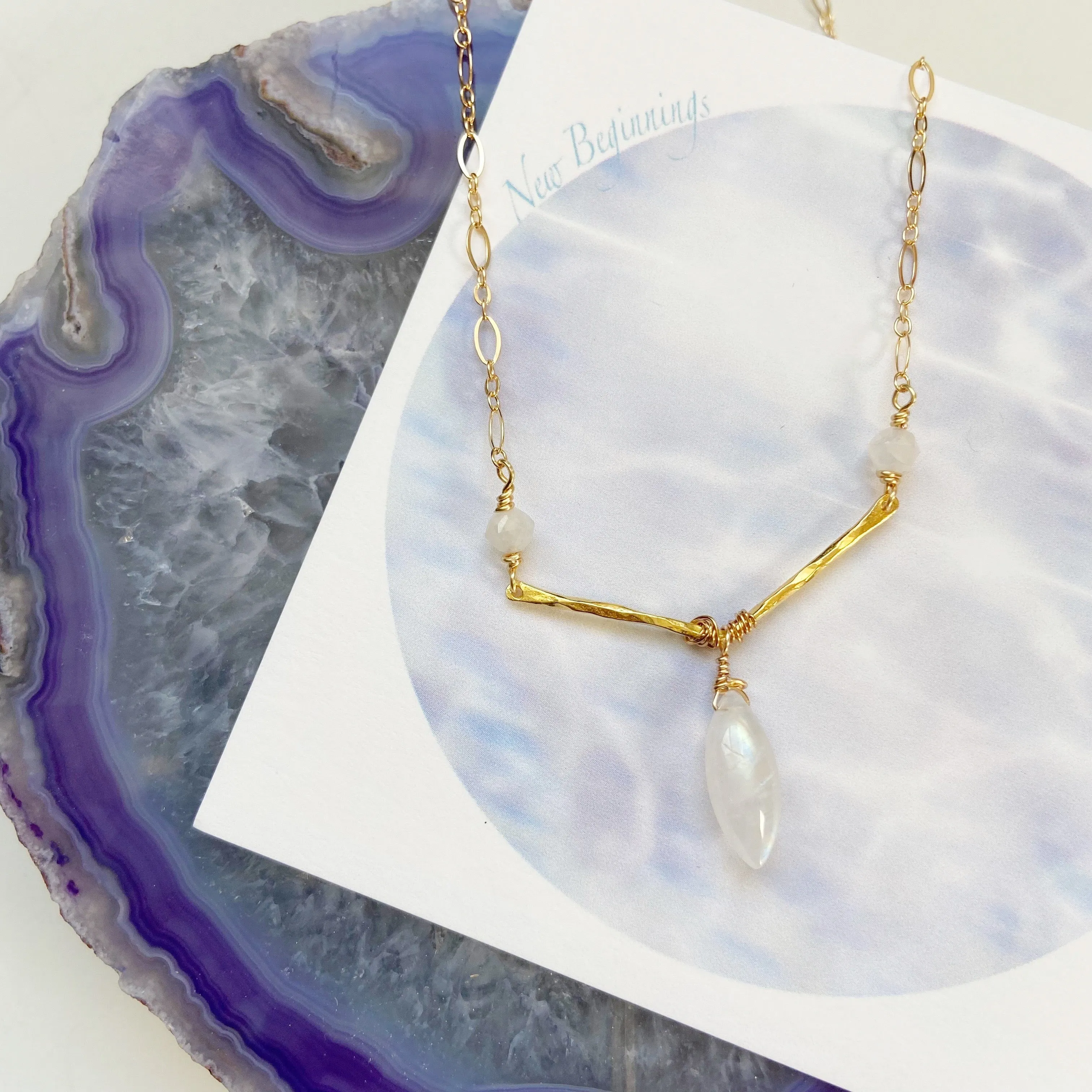 Chevron Moonstone Mid Length Necklace in Gold or Silver (20 inches)