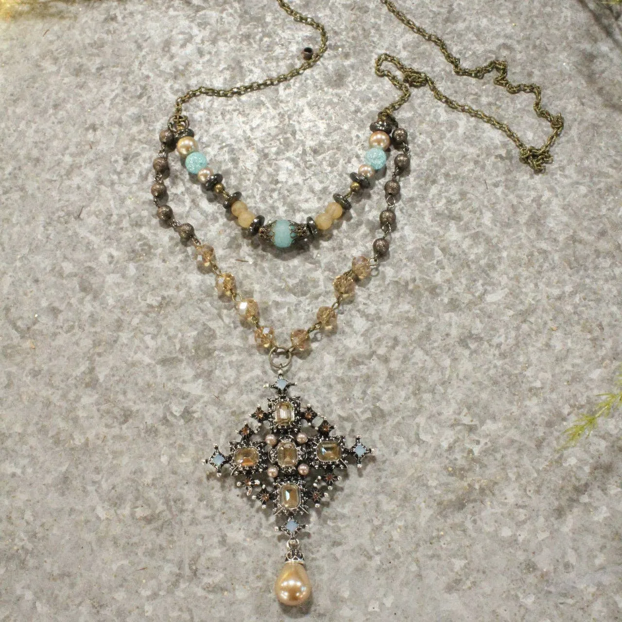 Classy Blue & Topaz Glass With Mixed Metals Layered Necklace