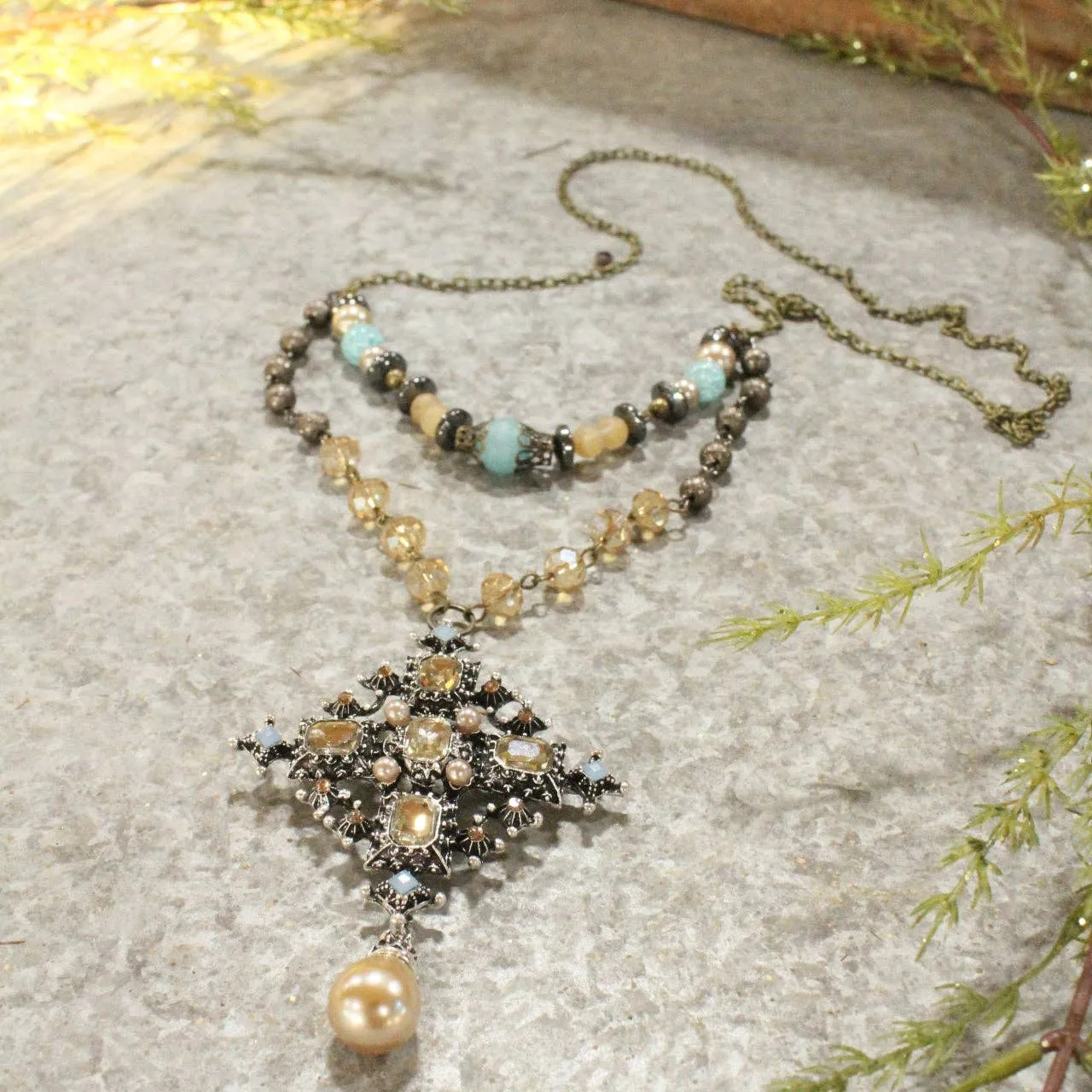 Classy Blue & Topaz Glass With Mixed Metals Layered Necklace