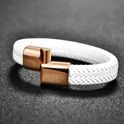 Classy Men White & Rose Gold Braided Leather Bracelet