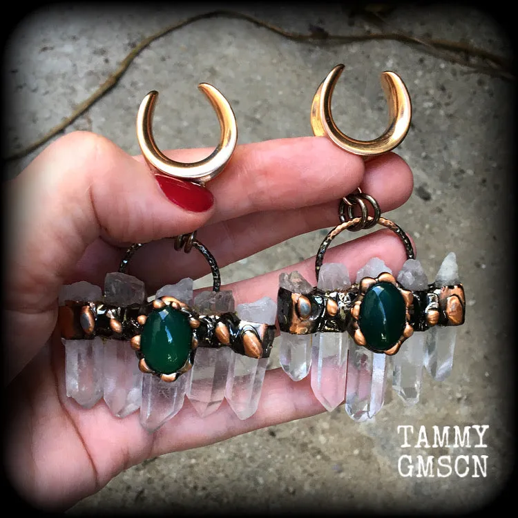 Clear quartz and green cabachon ear weights