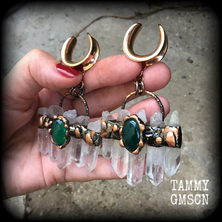 Clear quartz and green cabachon ear weights