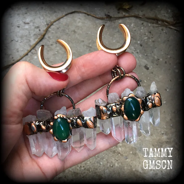 Clear quartz and green cabachon ear weights