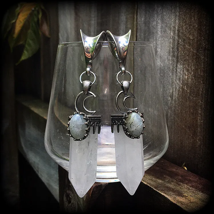 Clear quartz and labradorite gauged earrings