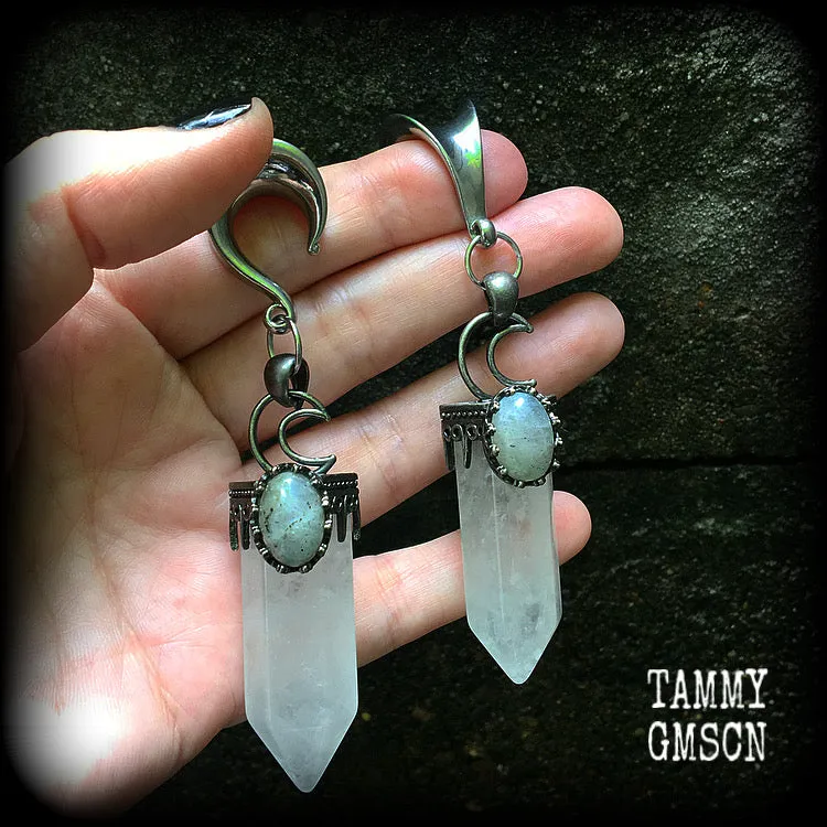 Clear quartz and labradorite gauged earrings