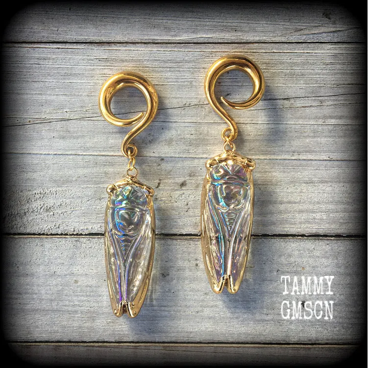 Clear quartz cicada gauged earrings-Insect ear weights