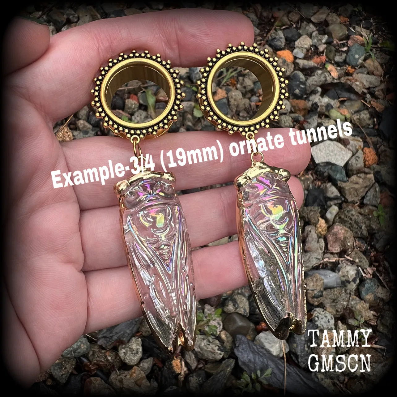 Clear quartz cicada gauged earrings-Insect ear weights