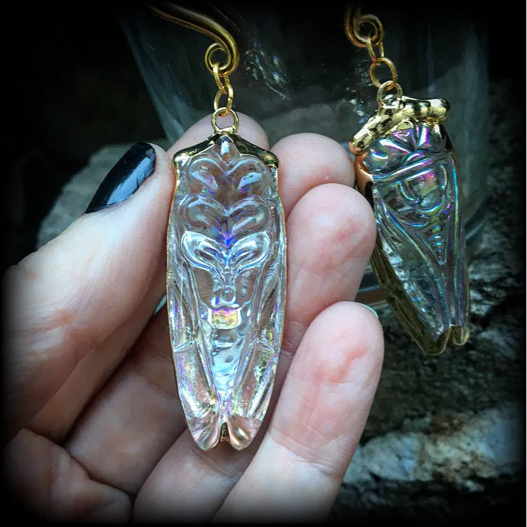 Clear quartz cicada gauged earrings-Insect ear weights