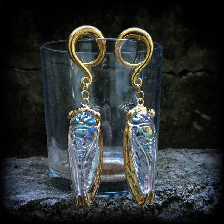 Clear quartz cicada gauged earrings-Insect ear weights