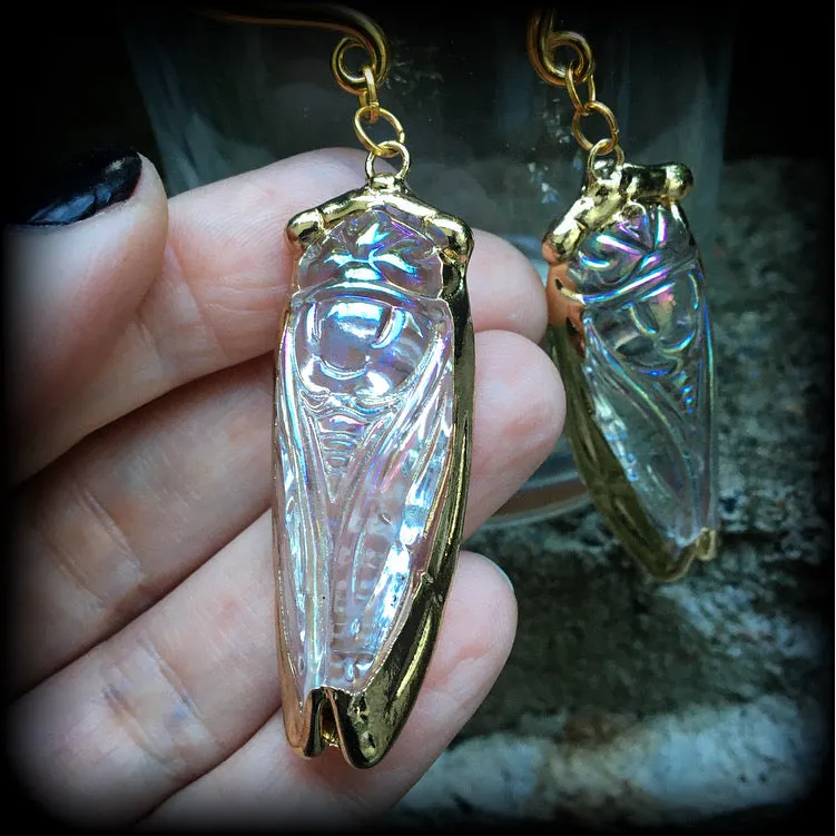 Clear quartz cicada gauged earrings-Insect ear weights