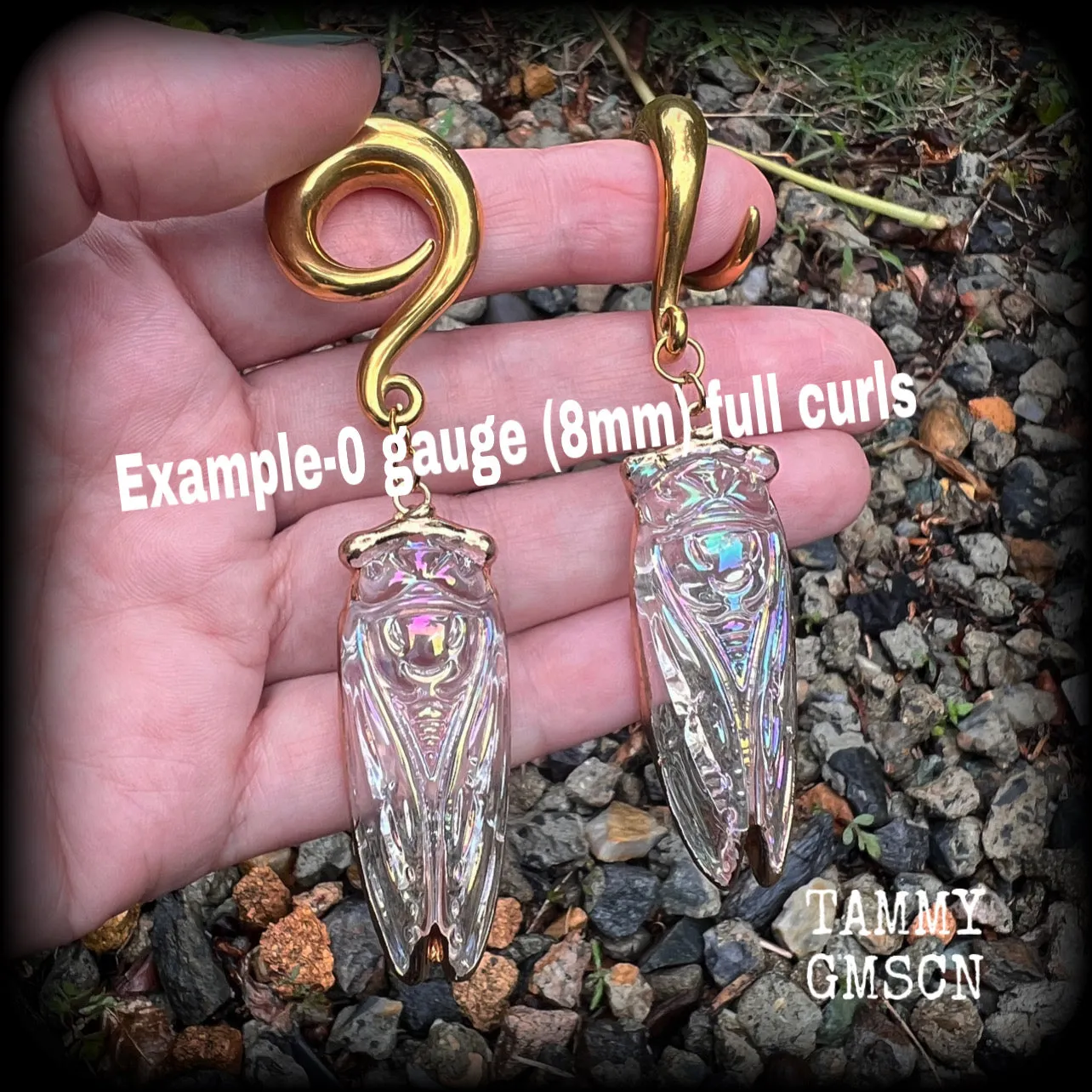 Clear quartz cicada gauged earrings-Insect ear weights