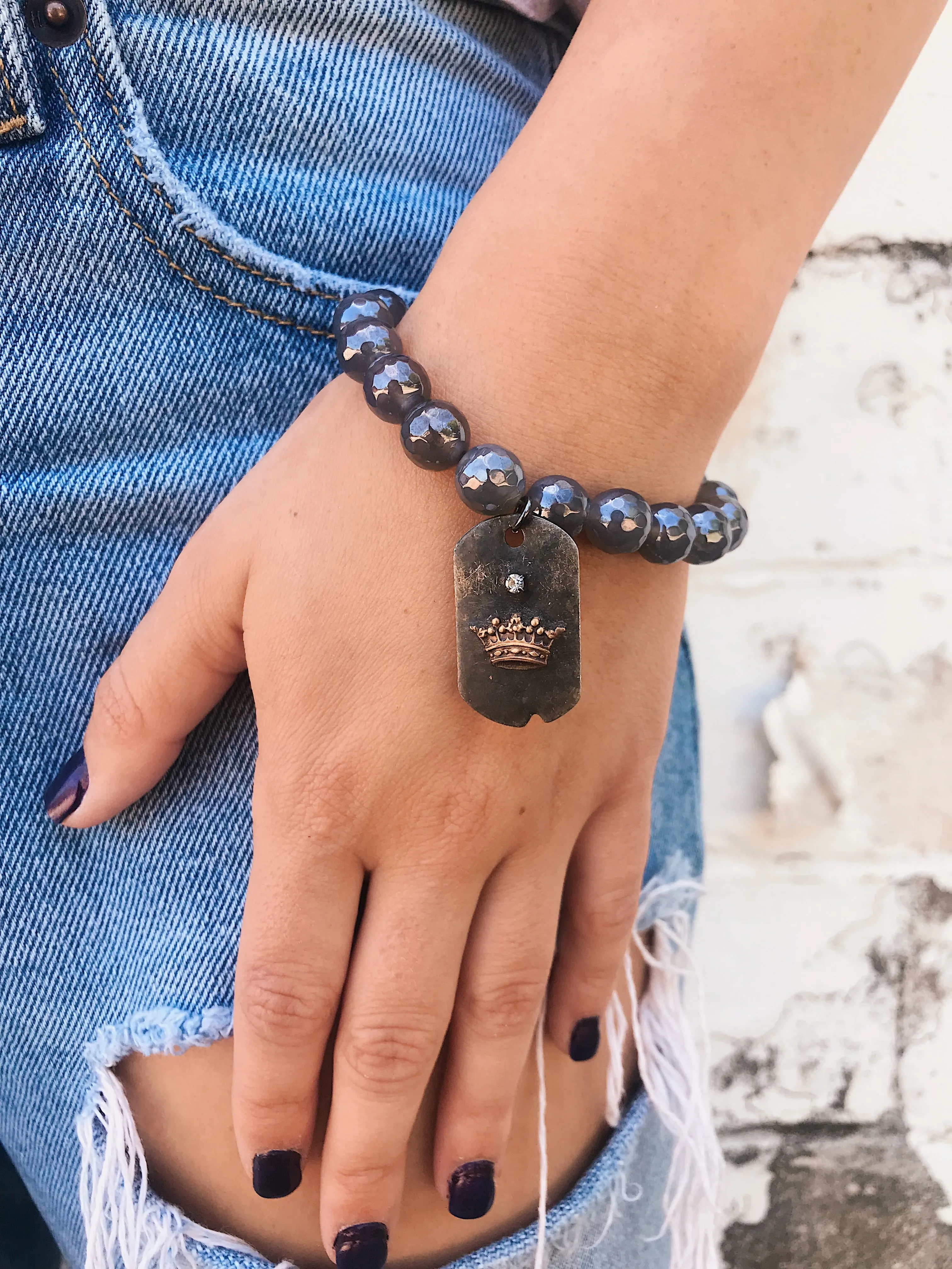 Coated Grey Agate Bracelet // Hand-Soldered  Crown Charm