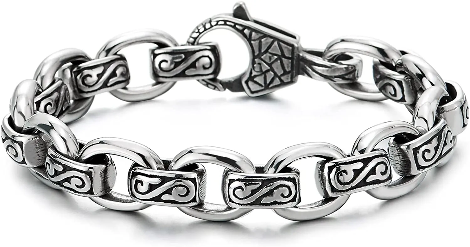 COOLSTEELANDBEYOND Mens Women Rolo Link Chain Bracelet, Stainless Steel, Vintage Infinity Swirl Waves Filigree