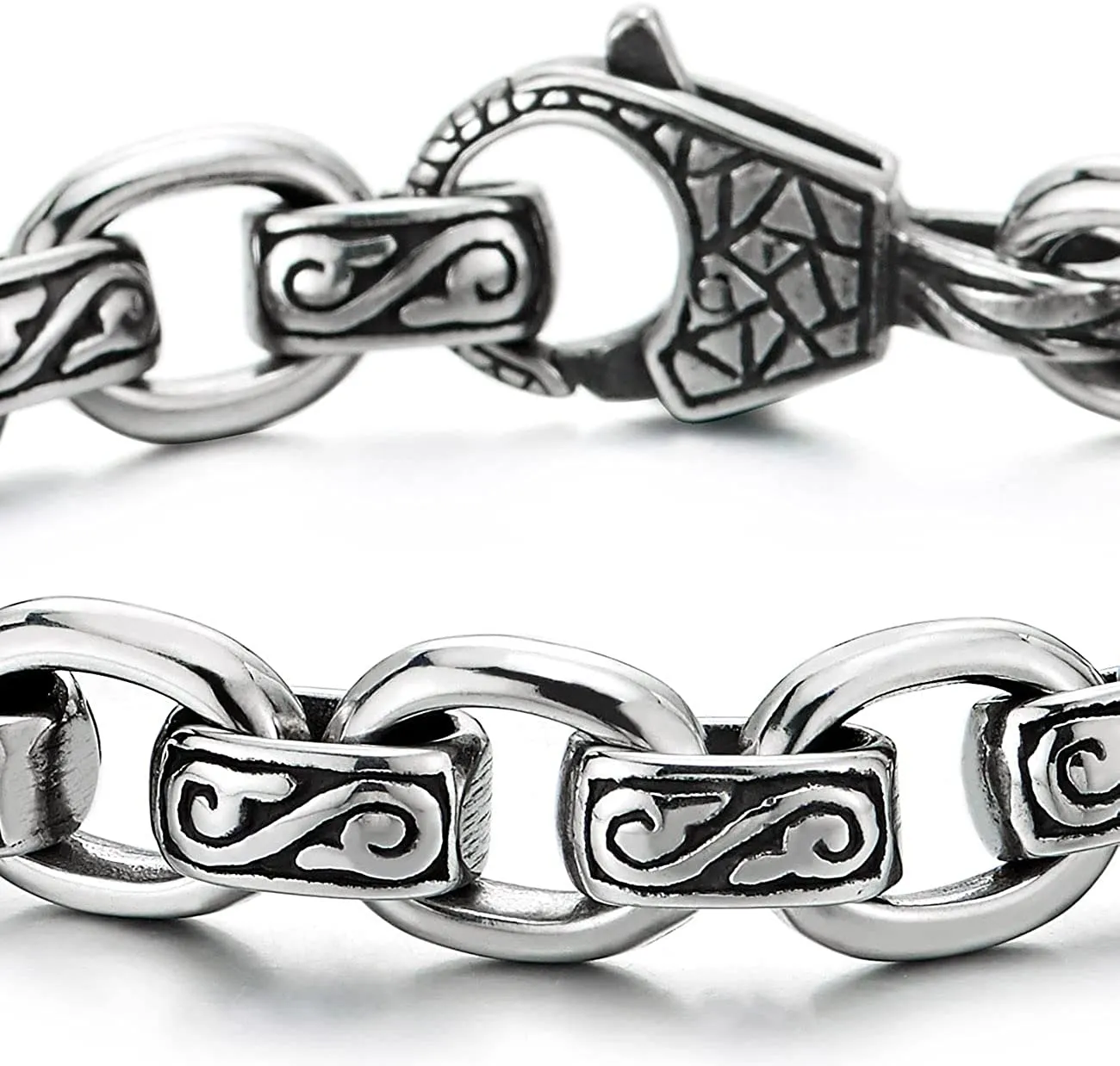 COOLSTEELANDBEYOND Mens Women Rolo Link Chain Bracelet, Stainless Steel, Vintage Infinity Swirl Waves Filigree