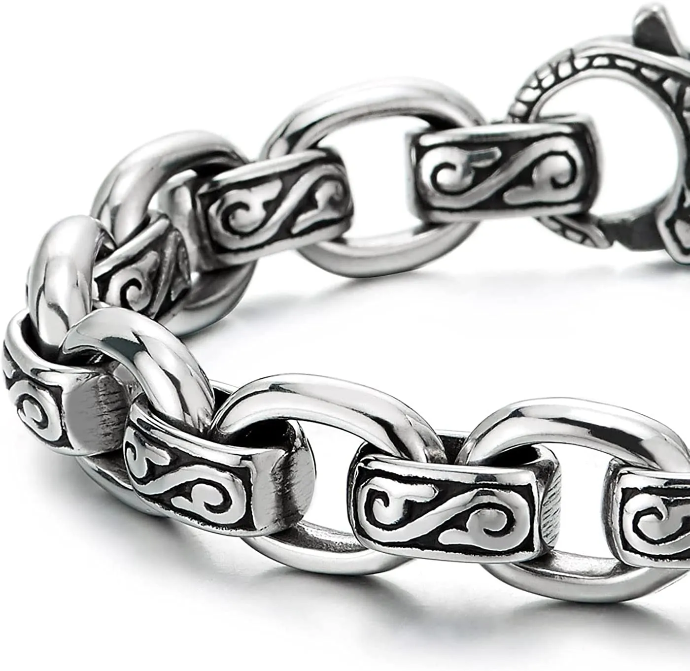 COOLSTEELANDBEYOND Mens Women Rolo Link Chain Bracelet, Stainless Steel, Vintage Infinity Swirl Waves Filigree