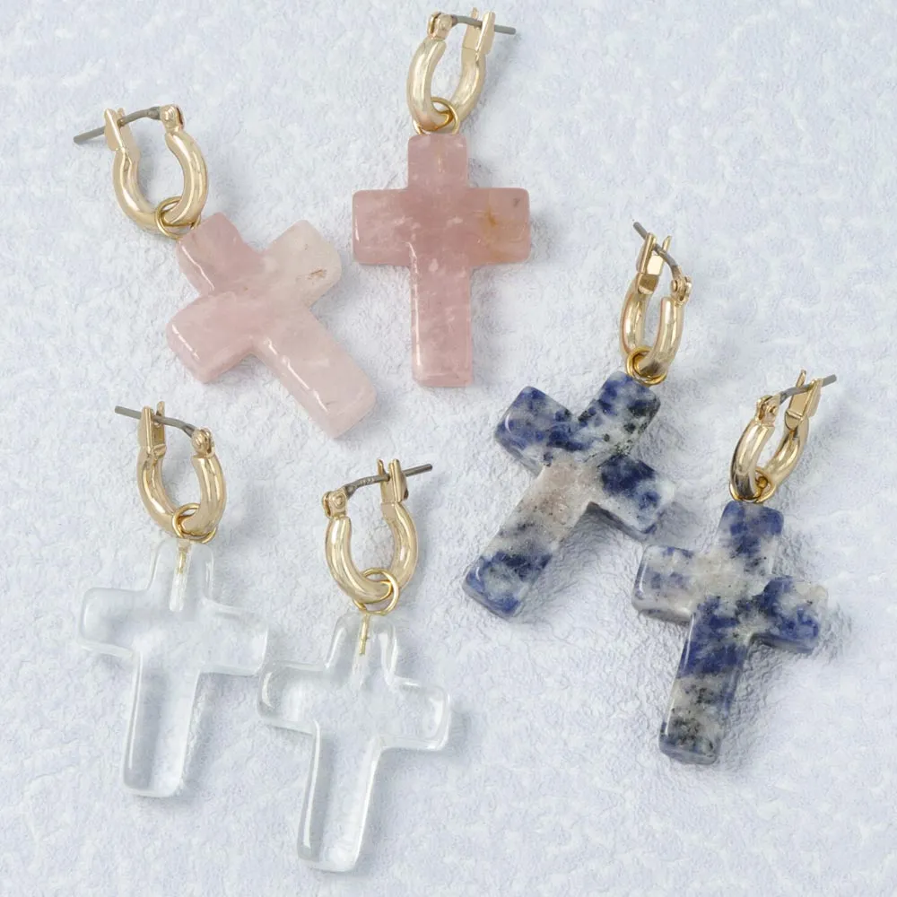 Cross Gemstone Drop Titanium Earrings