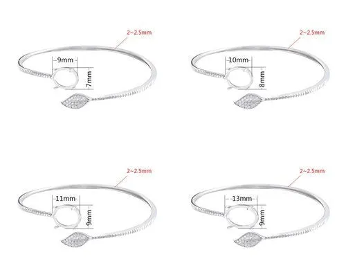 Crystals Leaf Oval Base Mount Bracelet Setting Sterling Silver Fine 925 7-16mm For One Stone Adjustable No Prongs DIY Jewelry Wholesale