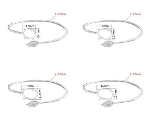 Crystals Leaf Oval Base Mount Bracelet Setting Sterling Silver Fine 925 7-16mm For One Stone Adjustable No Prongs DIY Jewelry Wholesale