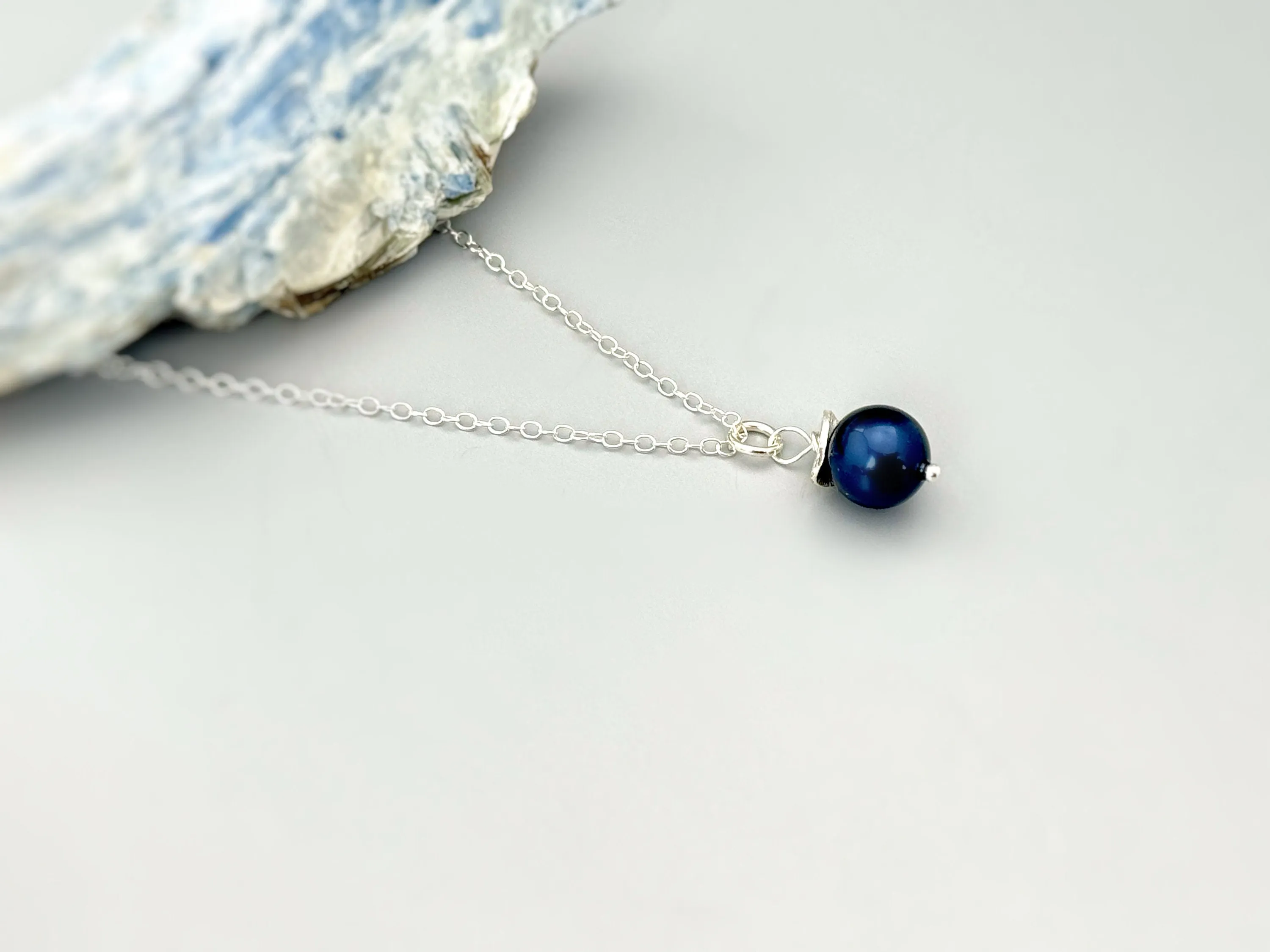 Dainty Blue Pearl Necklace Sterling Silver single pearl pendant